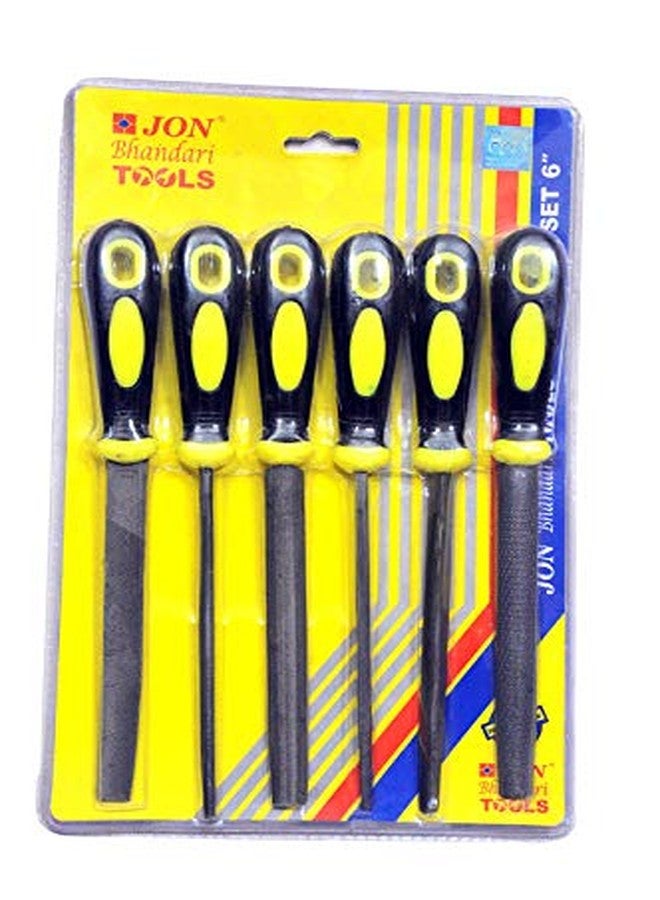 Jon Bhandari Tools 6-Piece Assorted File Set with Handle (6 Inch) | Flat, Round, Half-Round, Triangular, Square & Rasp Files for Wood, Metal, DIY & Carpentry - Image 1